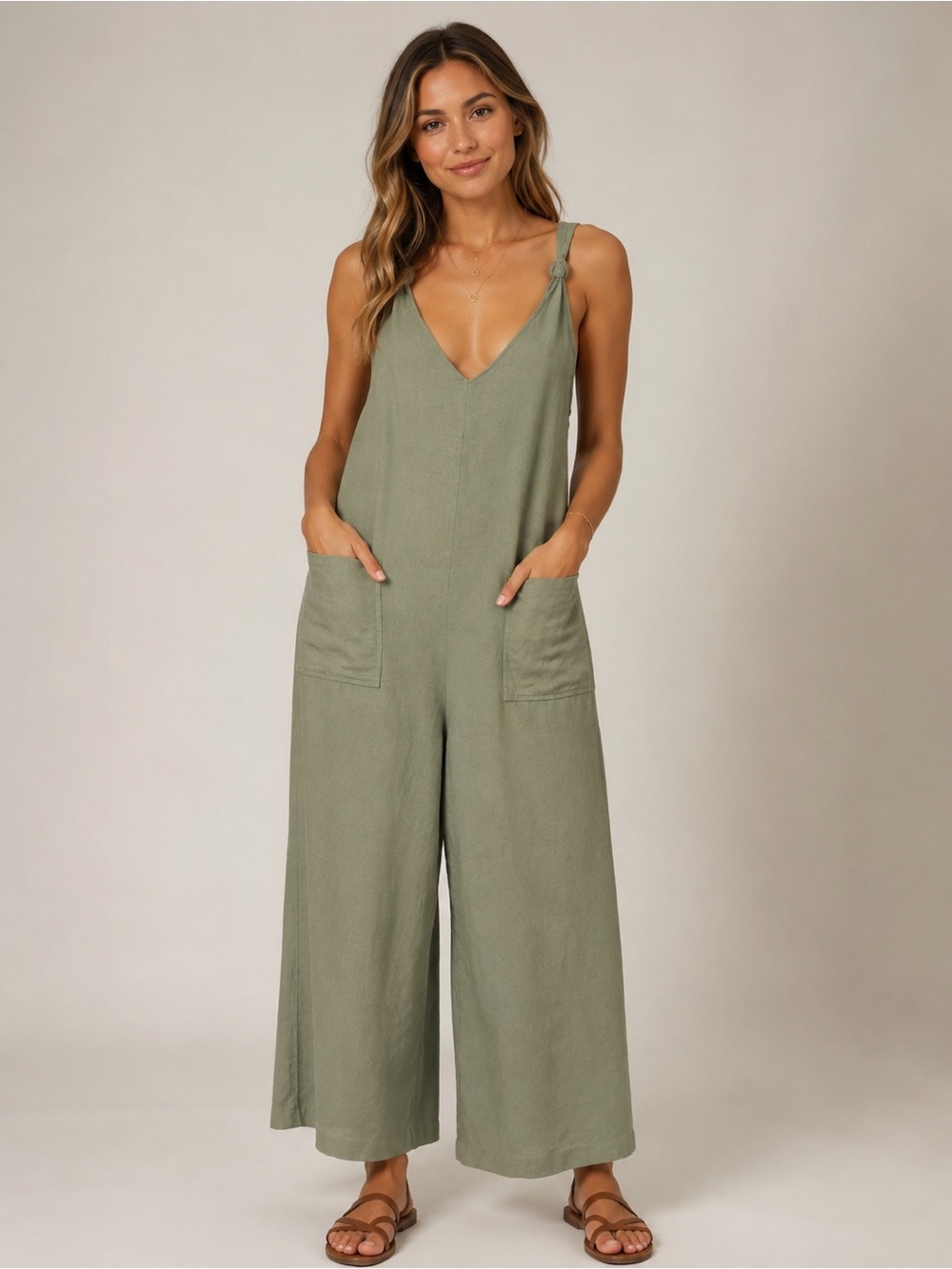 Mustard Seed Sage Green Linen Blend Capri Jumpsuit | Size Large